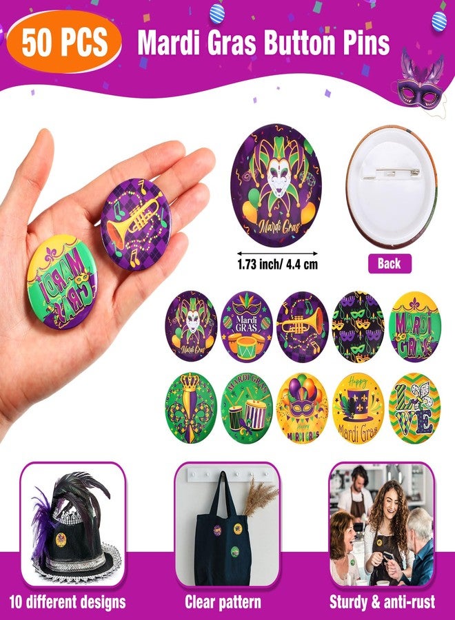 Highergo 150 Pcs Mardi Gras Party Favors Set 50 Mardi Gras Button Pins Badges 50 Carnival Bead Necklaces 50 Silicone Bracelets for Carnival Festival Party Supplies - Image 2